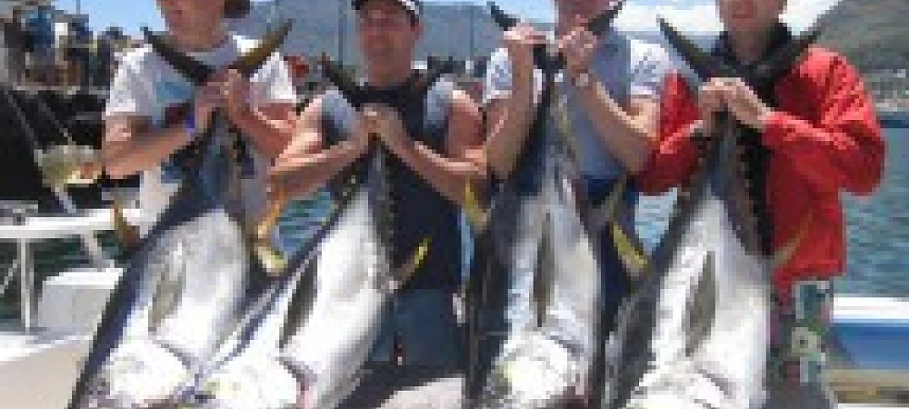 Four anglers standing proudly with their catch of four large tunas after a successful fishing trip.